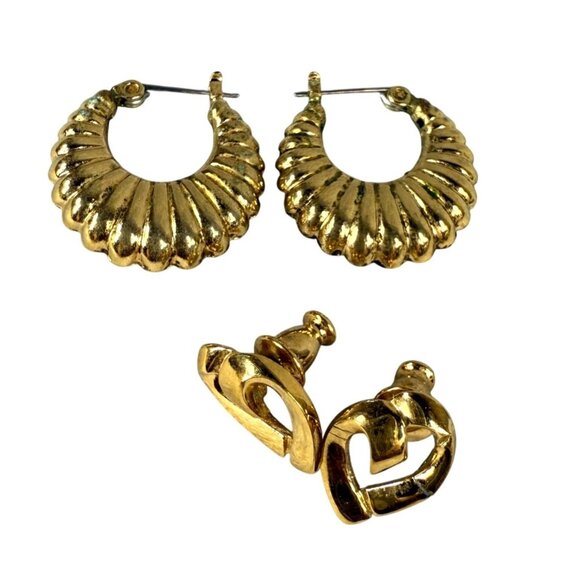 Pierced Earrings Heart Shape Monet Plus Pair of Hoops Gold-Tone Metal Vintage - Picture 1 of 16